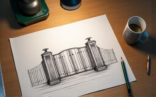 A hand-drawn sketch of a gate design on a workshop table.